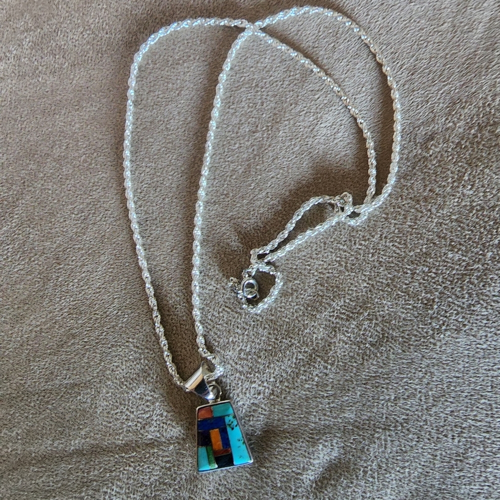 Womans multi Torquoise stone necklace and sterling silver chain also reversible